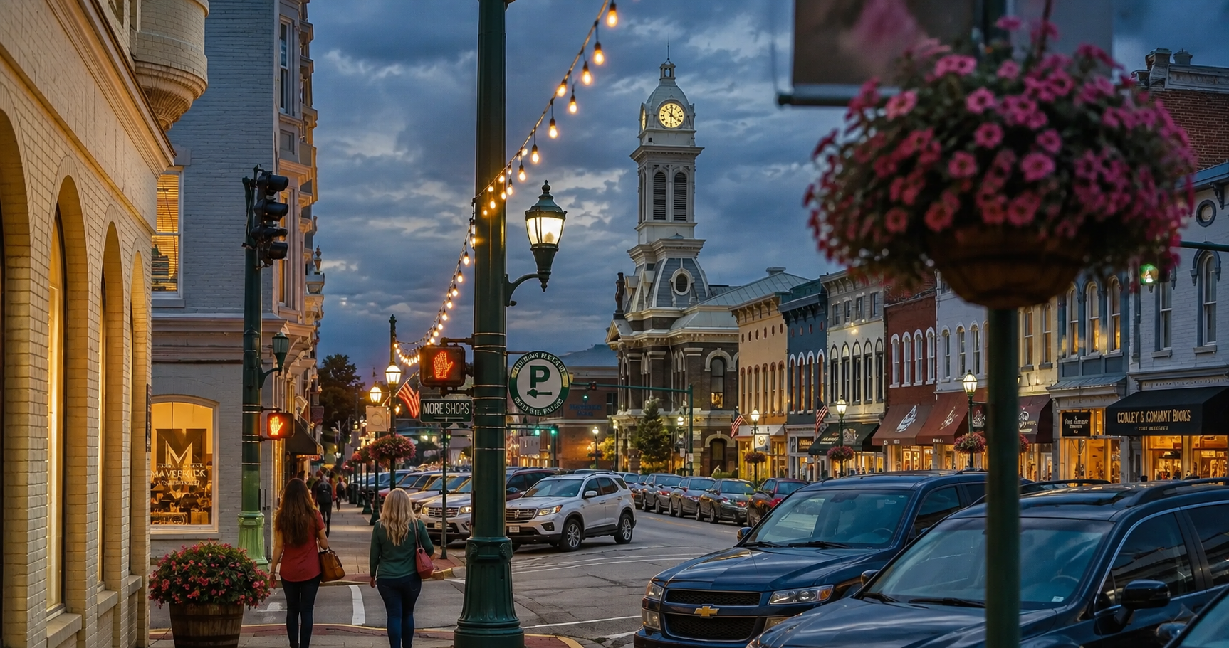 Downtown main street at dusk with a courthouse clock tower, string lights and lit storefronts
